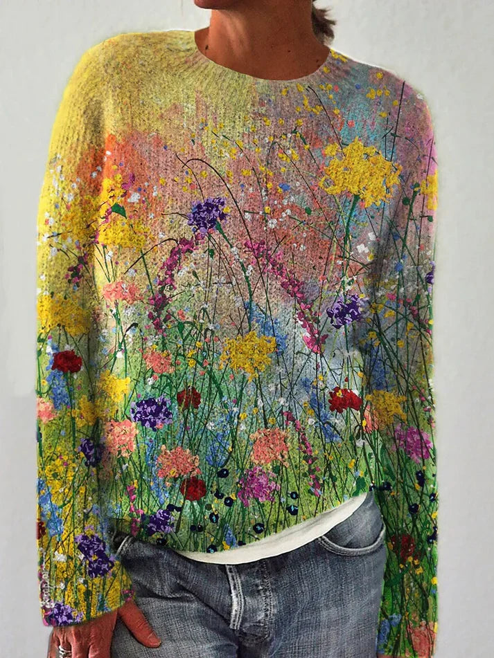 Hyggelig kunstsweater lavet af oliemaleri blomsterkunst.